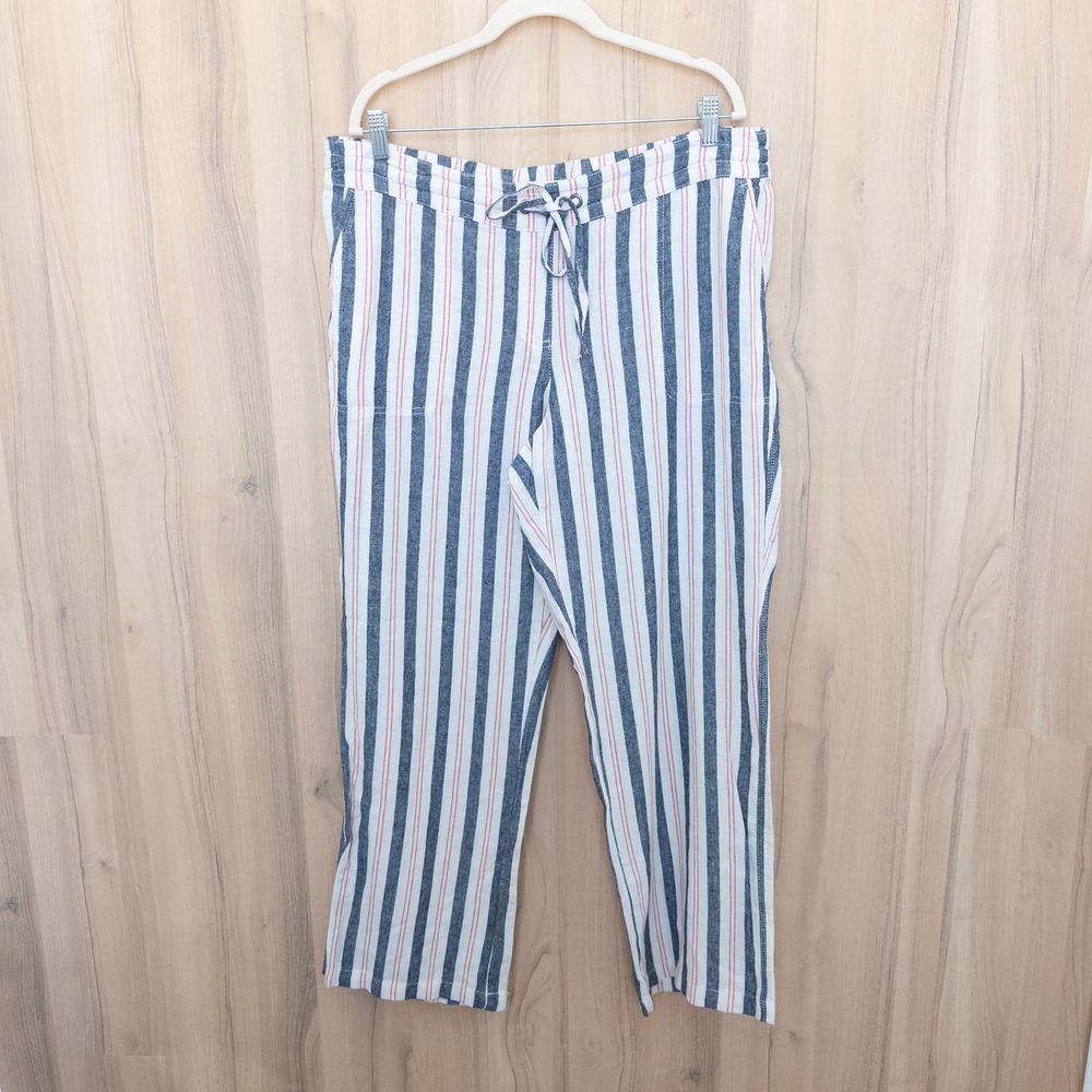 Per Se Womens Linen Blend Pants XL Blue White Striped Coastal Nautical Preppy